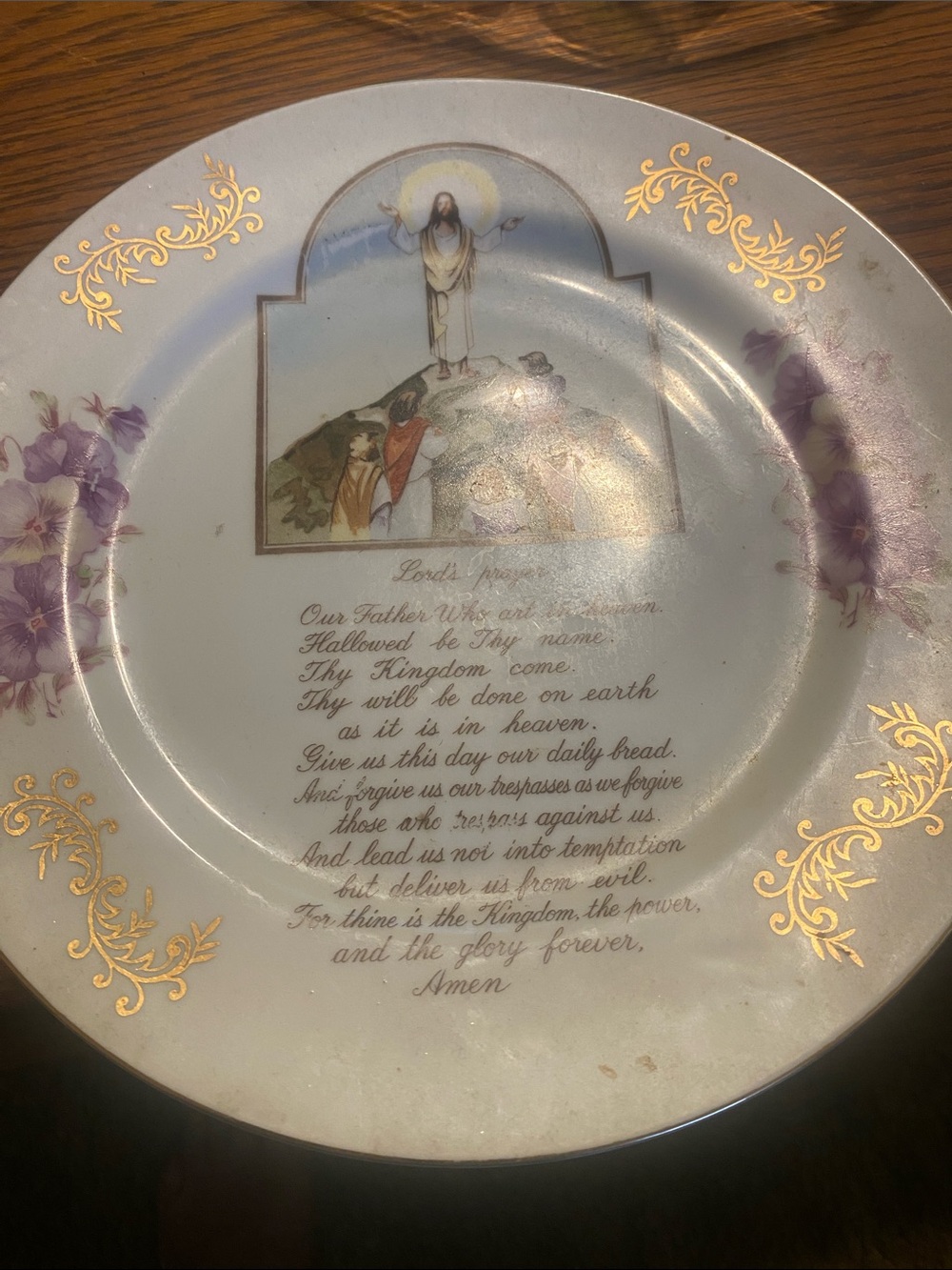 Decorative White & Gold Prayer Plate with Purple Floral Accents